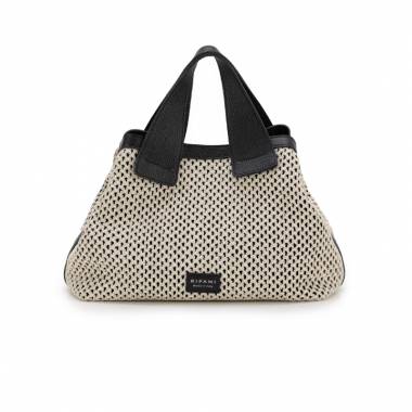 Ripani Borsa a Mano Donna Nadia L Pelle Nero/ Rafia crochet Ecru
